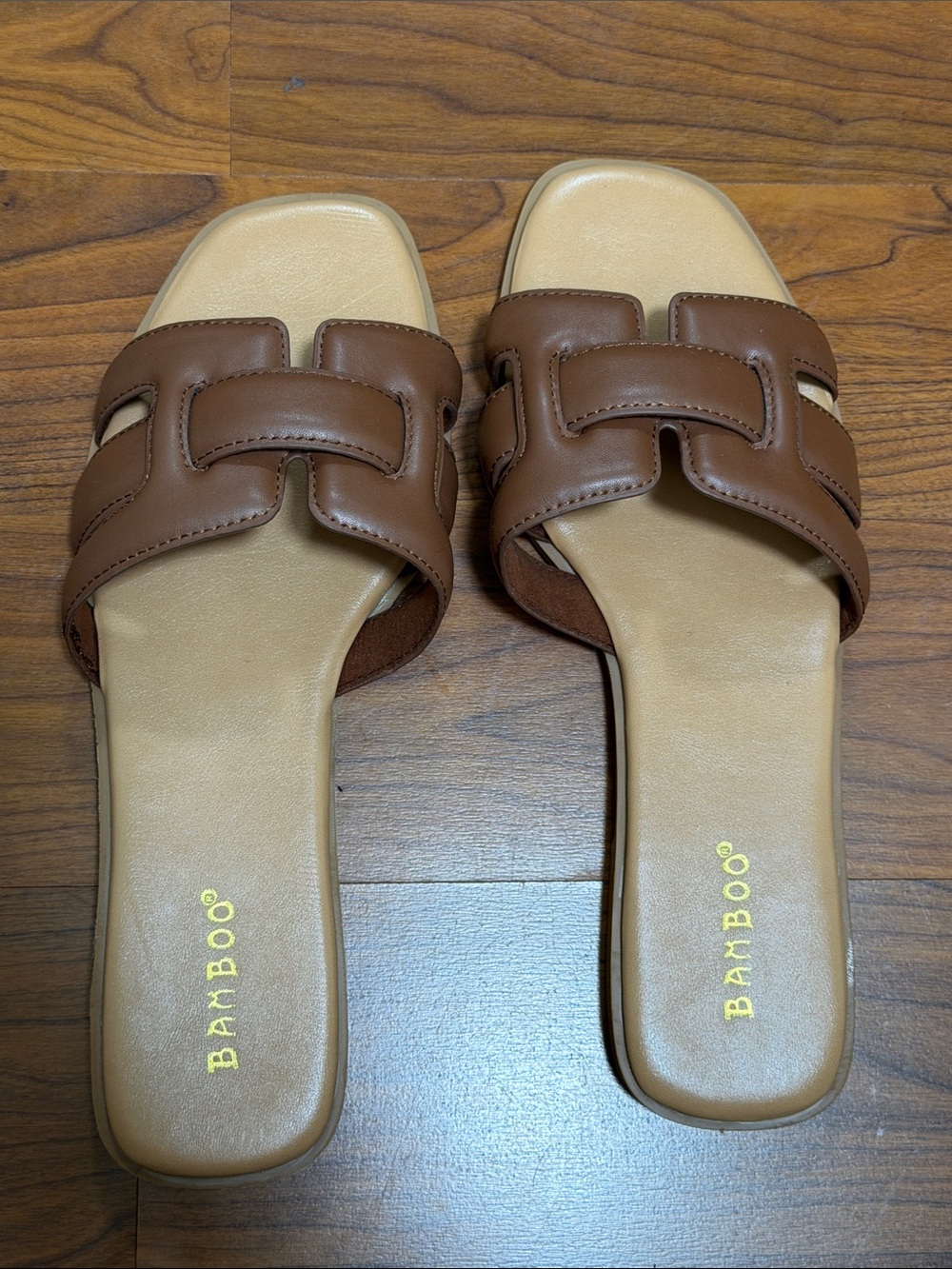BAMBOO Brown Leather-Look Slide Sandals